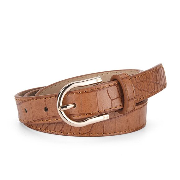 2/$30 Brown Crocodile Print Thin PU Leather Belt Gold Buckle Dress Pants Jeans - Picture 1 of 5
